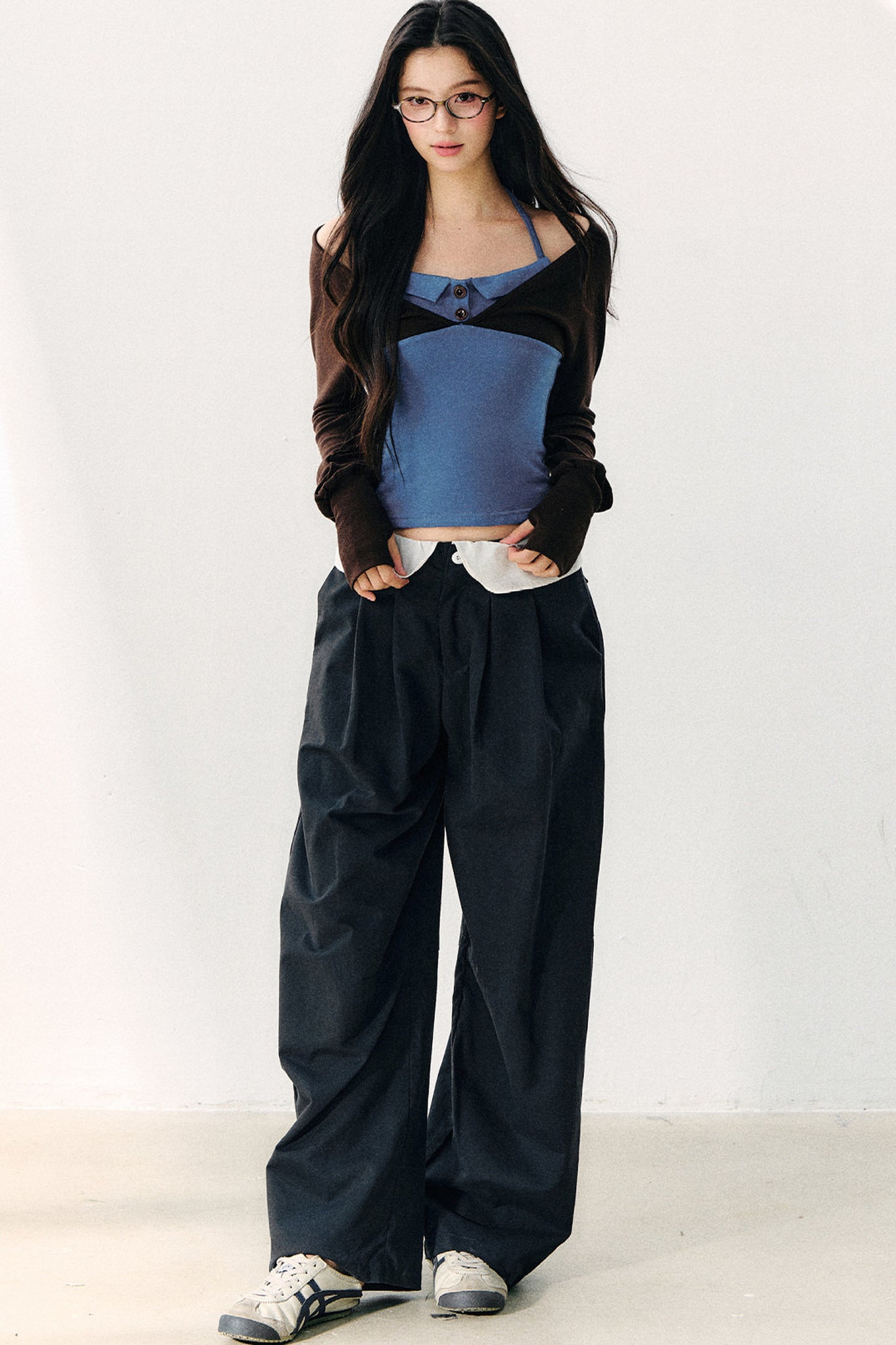 Color Block Halter Collar Long Sleeve Top