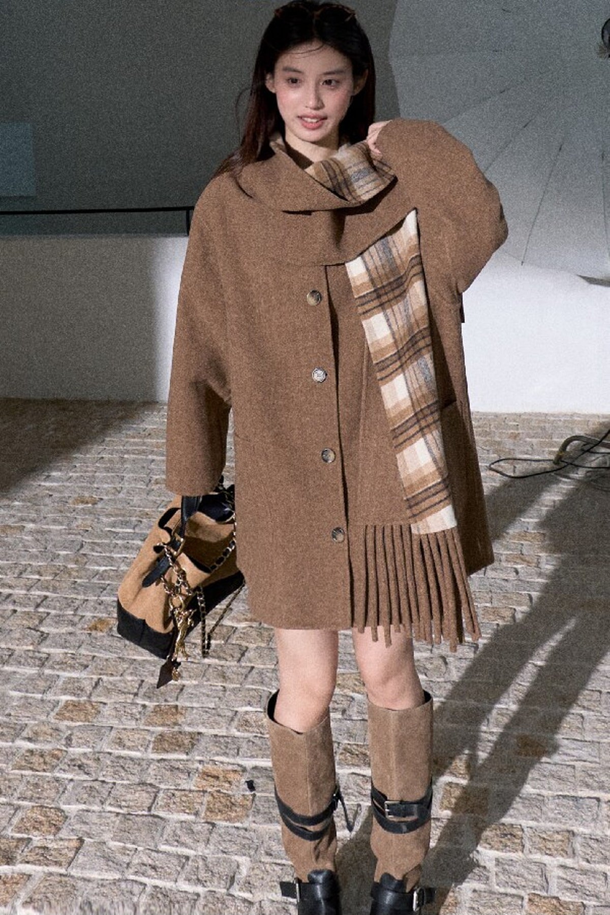 Drop-Shoulder Tassel Scarf Collar Jacket