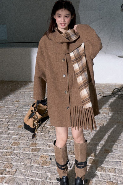Drop-Shoulder Tassel Scarf Collar Jacket