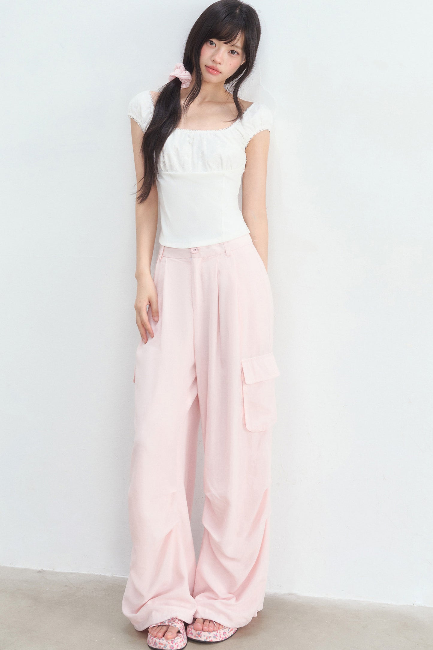 Pink High-Waisted Wide-Leg Cargo Pants