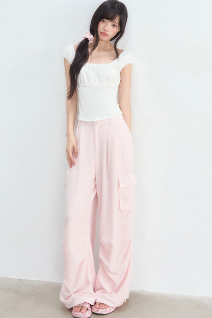 Pink High-Waisted Wide-Leg Cargo Pants