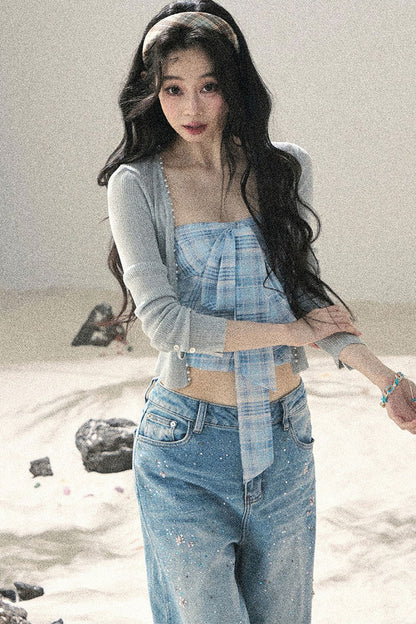 Blue Danube Plaid Bow Tube Top Set-Up