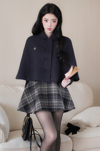 Knitted Inner Top and Bow Collar Cape Coat and Skirt Set-Up
