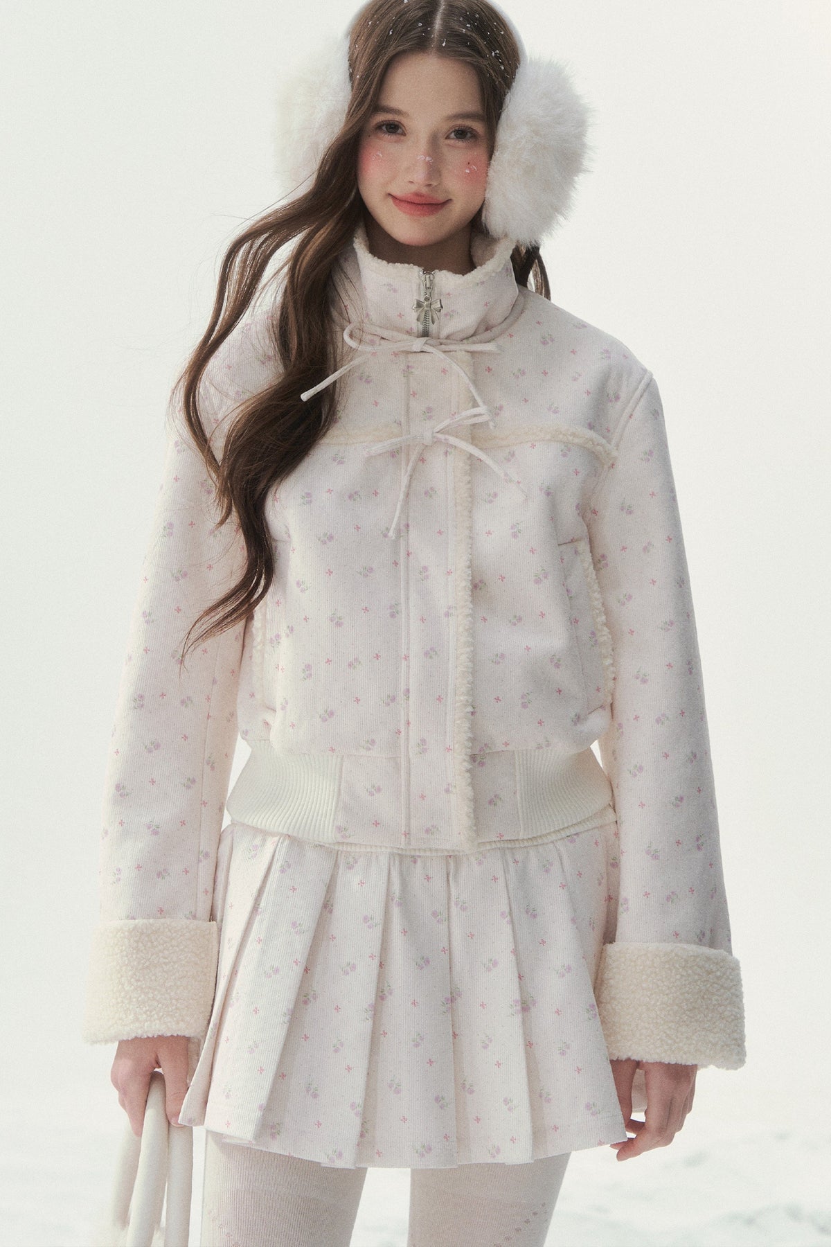 Floral Corduroy Lambswool Patchwork Jacket and Pleated Skirt Set-Up