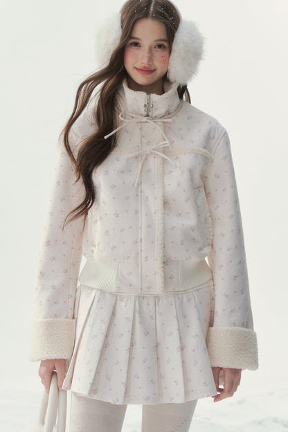 Floral Corduroy Lambswool Patchwork Jacket and Pleated Skirt Set-Up