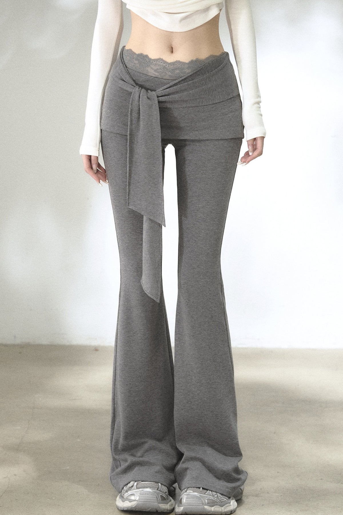 Fold-Over Waist Lace Tie-Up Flared Pants