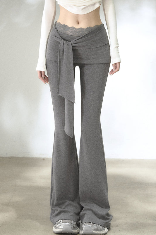 Fold-Over Waist Lace Tie-Up Flared Pants