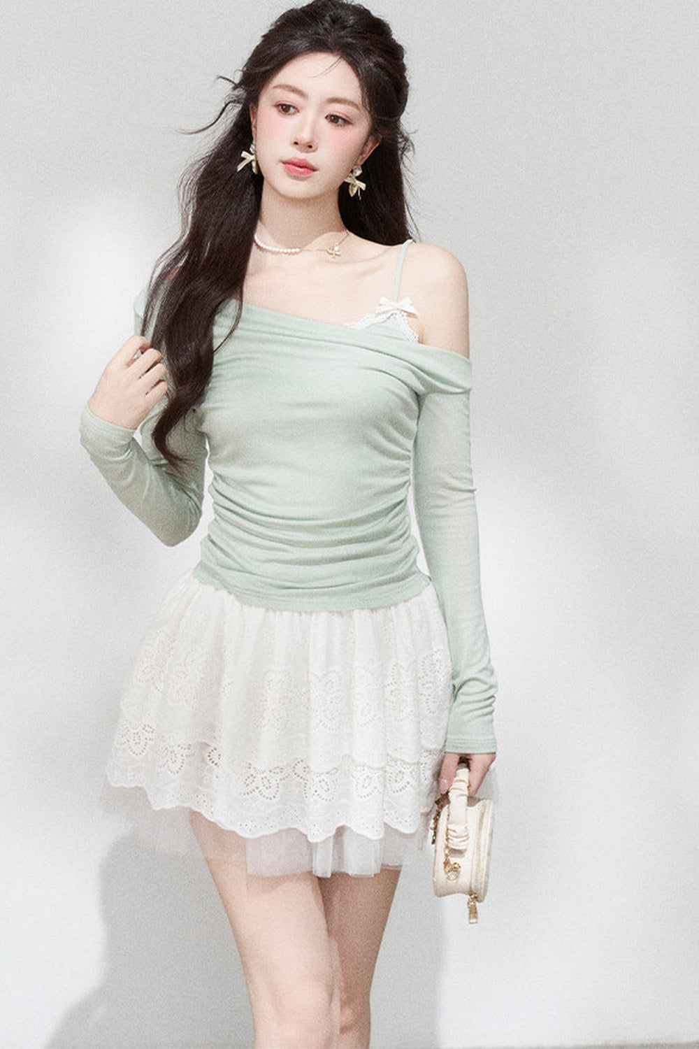 Green Off-Shoulder Pleated Knit Top and Skirt Set-Up