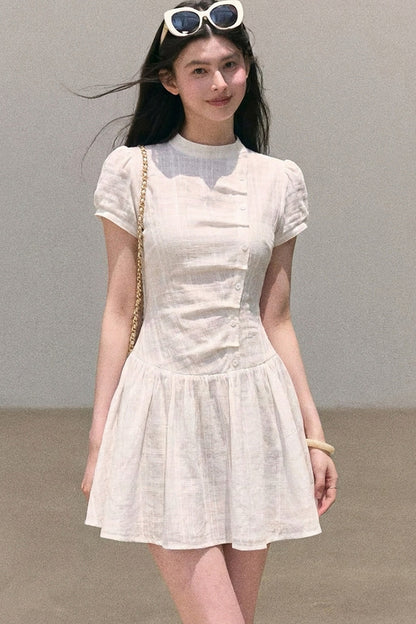 체크 퍼프 소매 원피스