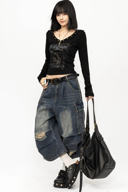 Black Studded V-Neck Long Sleeve Top