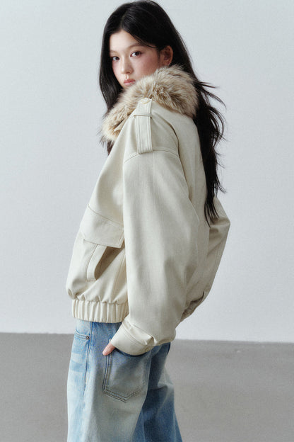 Fur Collar Button-Up Short Jacket