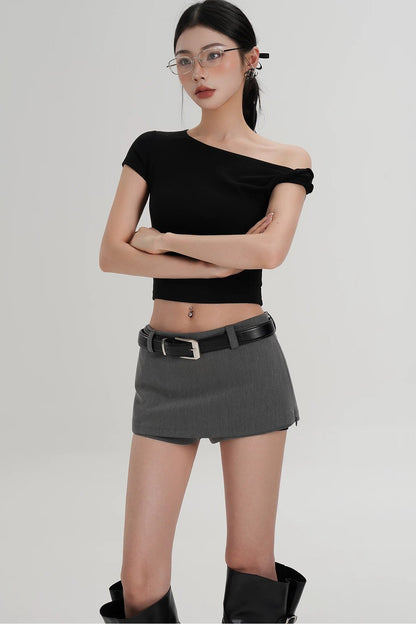 울 오프숄더 크롭 상의