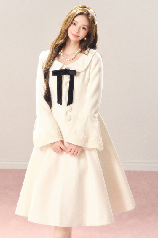 Flared Off-White Mid-Length Coat Dress