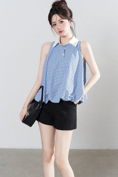 Blaue karierte Halter-Bluse