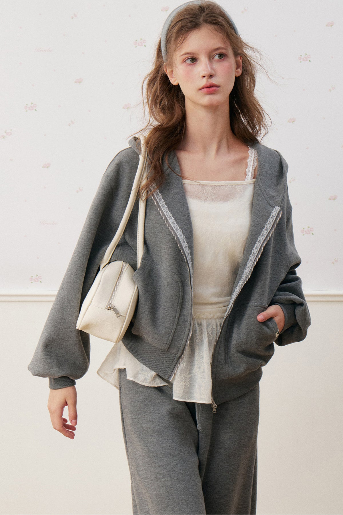 Lace Trim Double Zipper Hooded Jacket and Drawstring Pants Set-Up