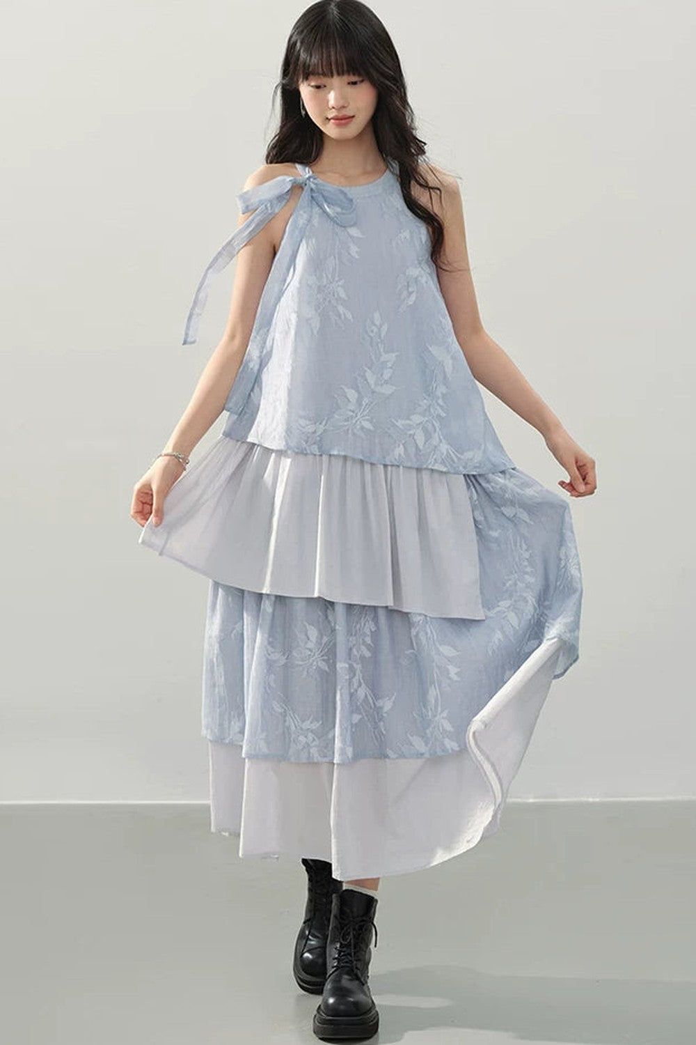 Blue Halter Print Tiered Dress