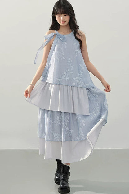 Blue Halter Print Tiered Dress