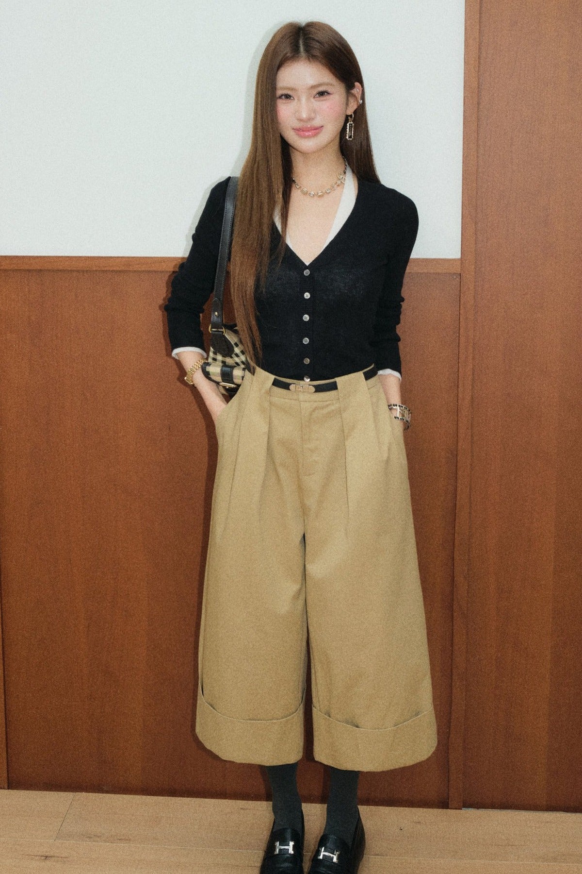 Color-Block Layered-Look Wool Knit Top and Khaki Pants Set-Up