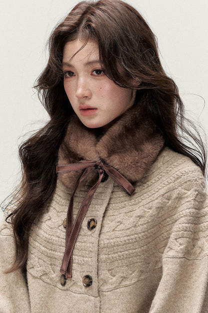 Retro Bow Fur Collar Cardigan