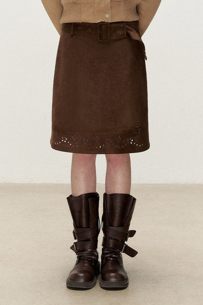 Retro Suede Embroidered Floral Midi Skirt