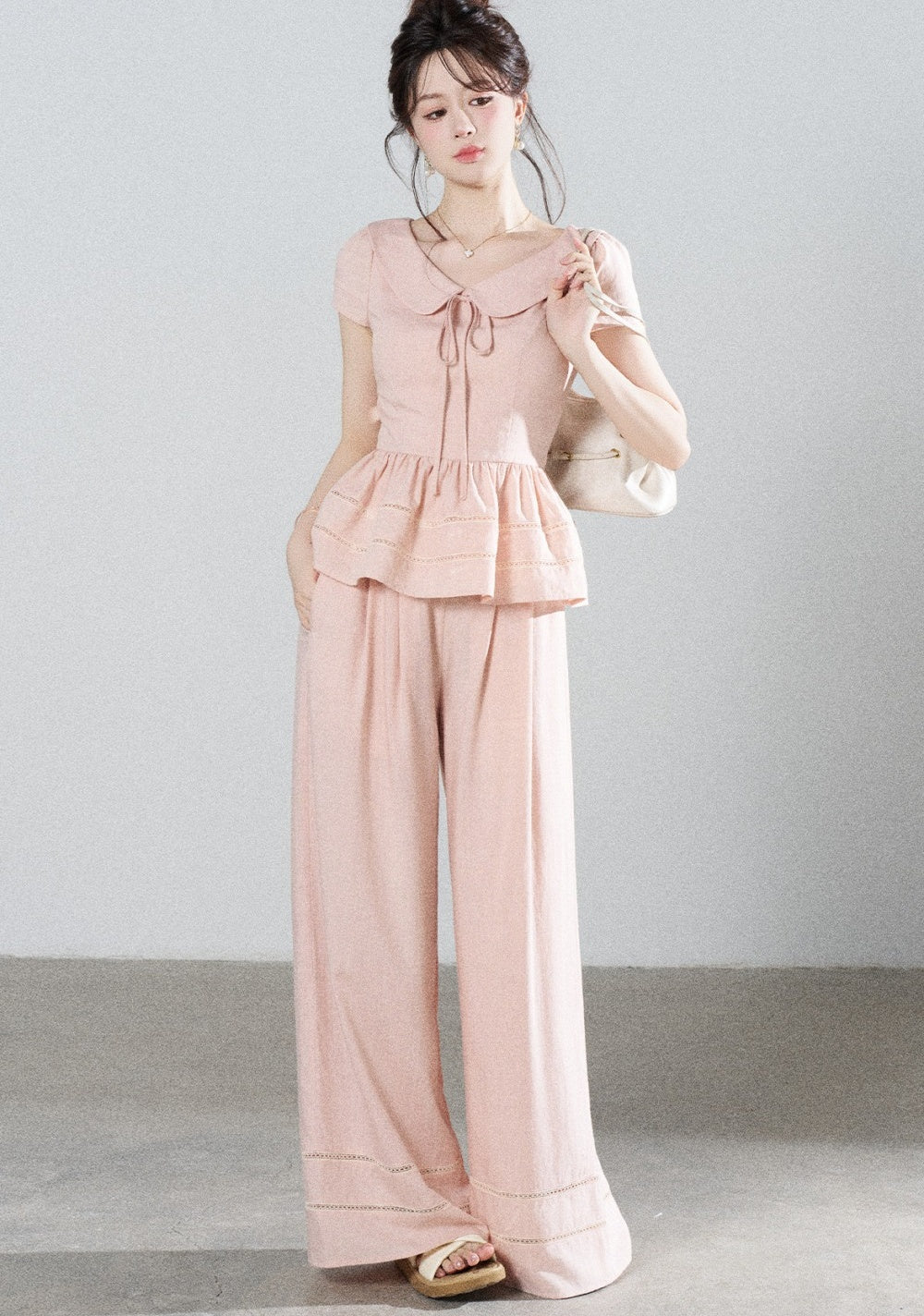Ensemble chemise rose en Tencel à col Claudine et pantalon large