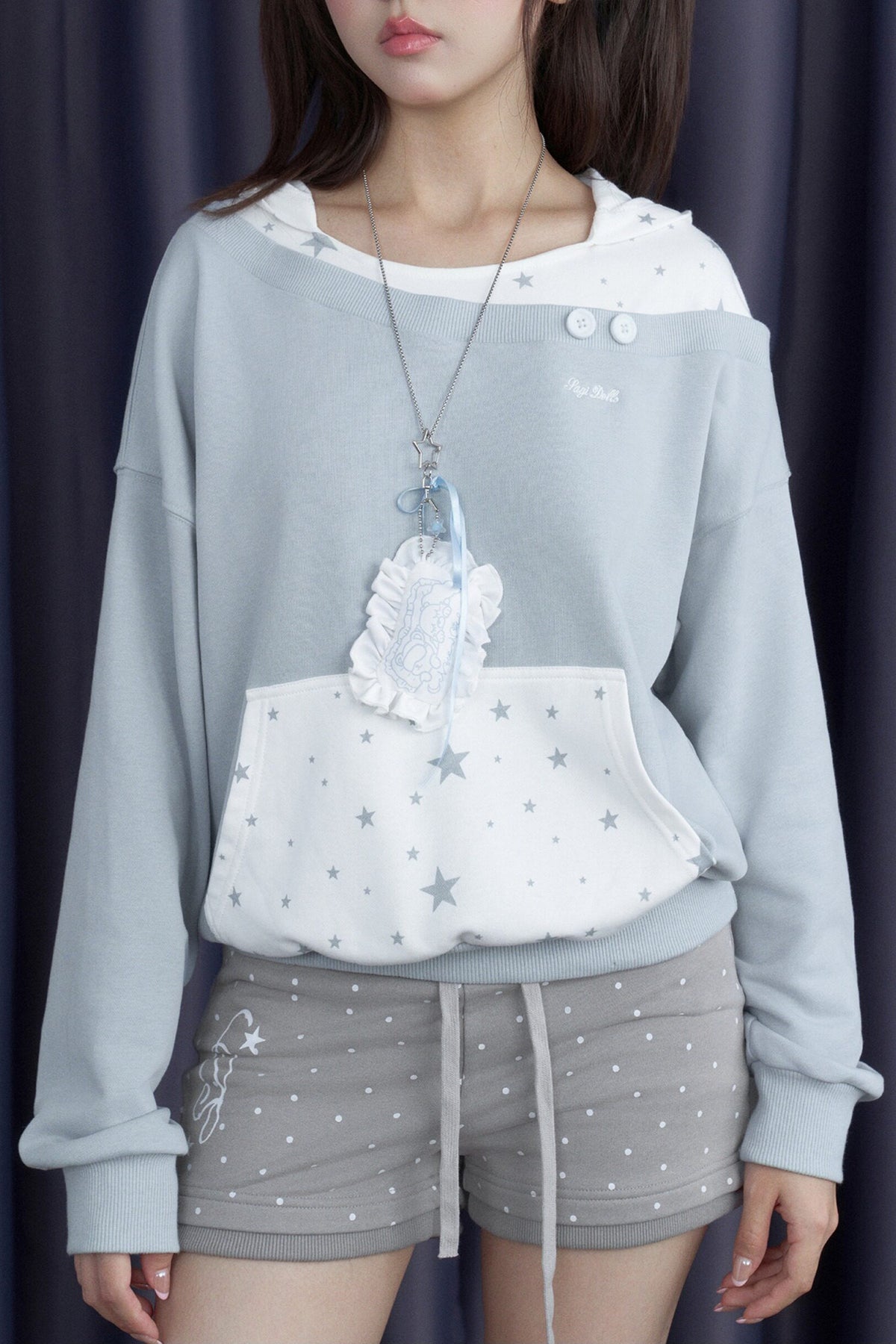Blue White Star Layered-Look Hooded Sweatshirt