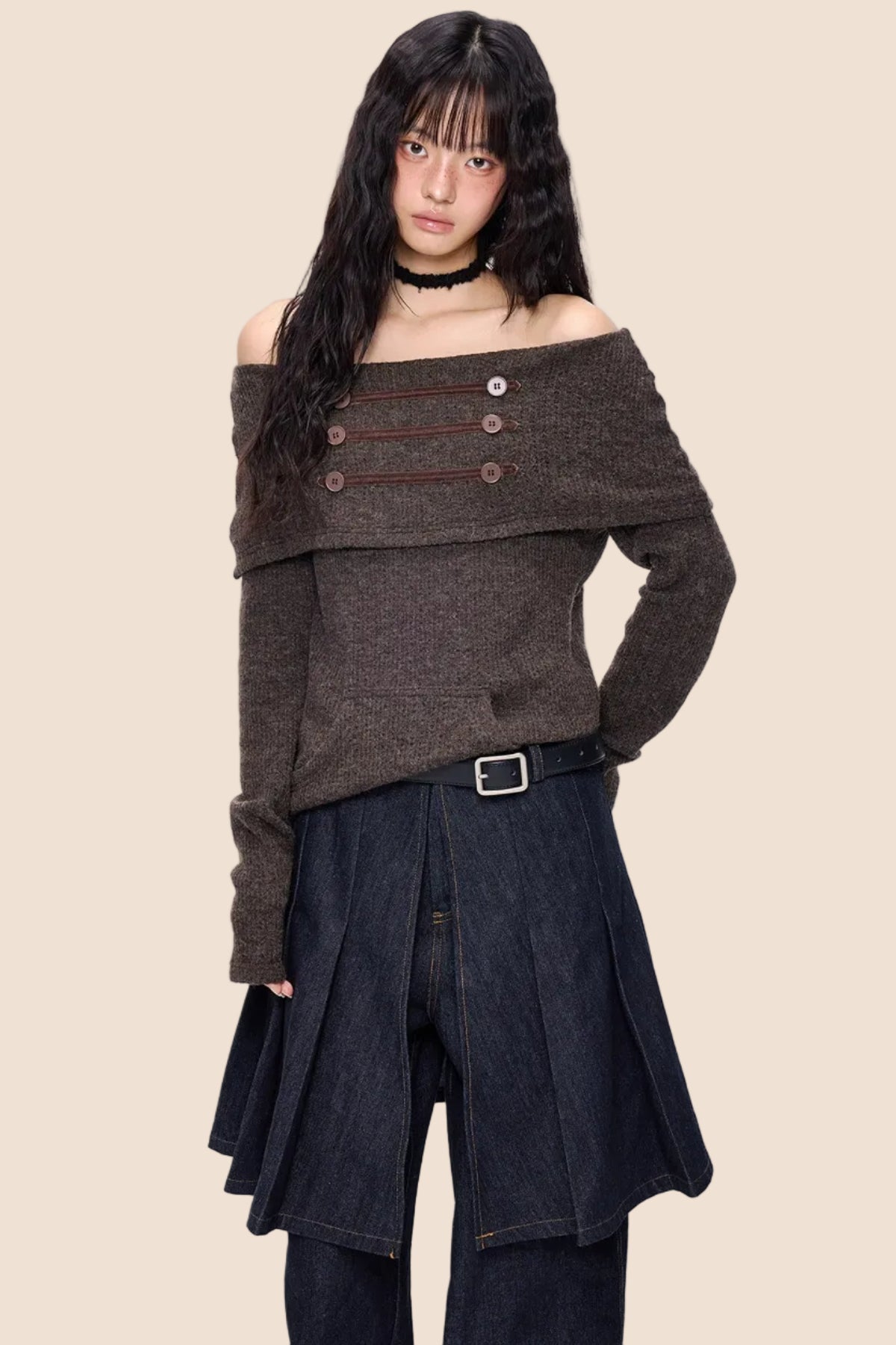 Button Off-Shoulder Knit Top