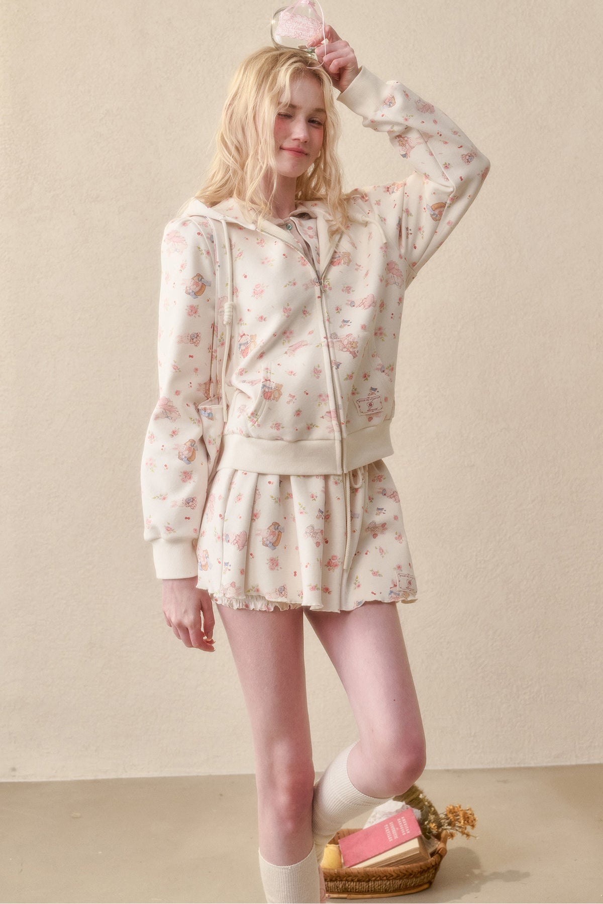 Bunny Print Hoodie Skirt Set-Up