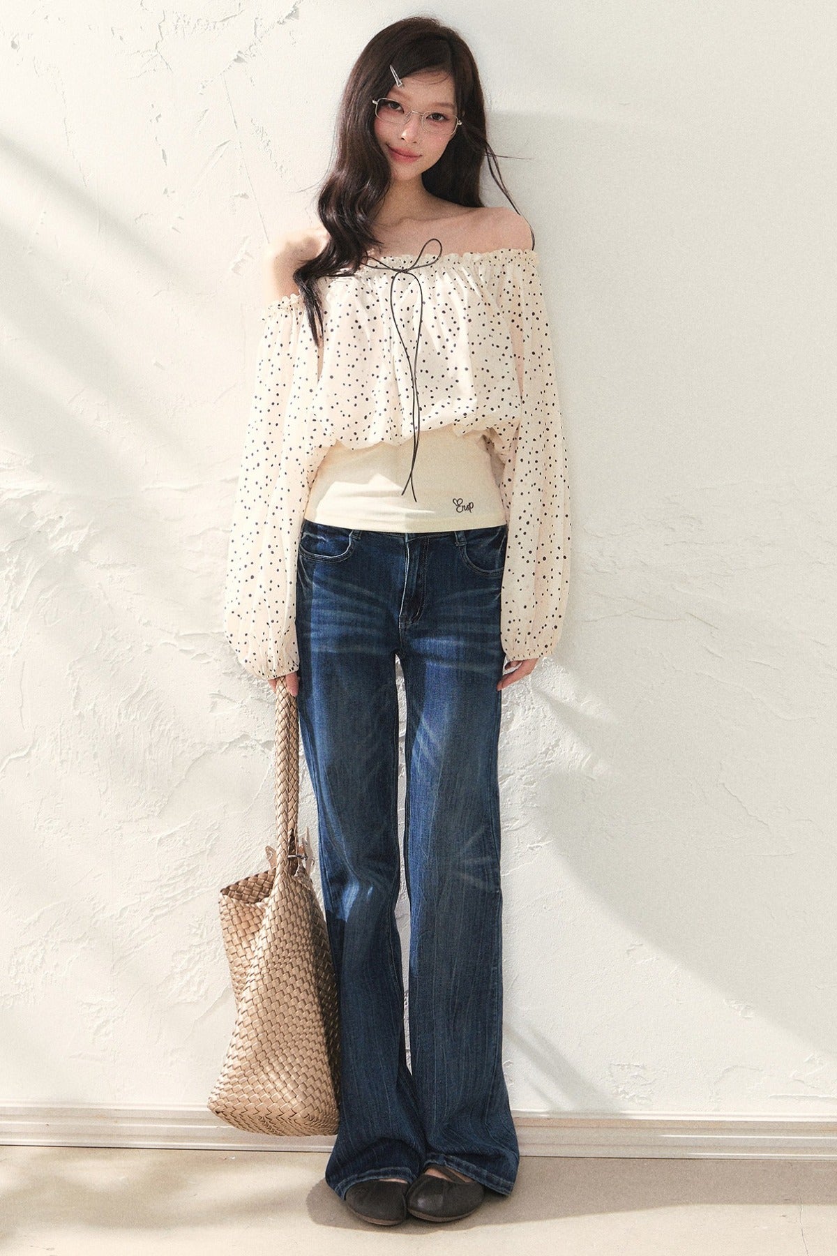 One-Shoulder Polka Dot Chiffon Top and Vest Set-Up
