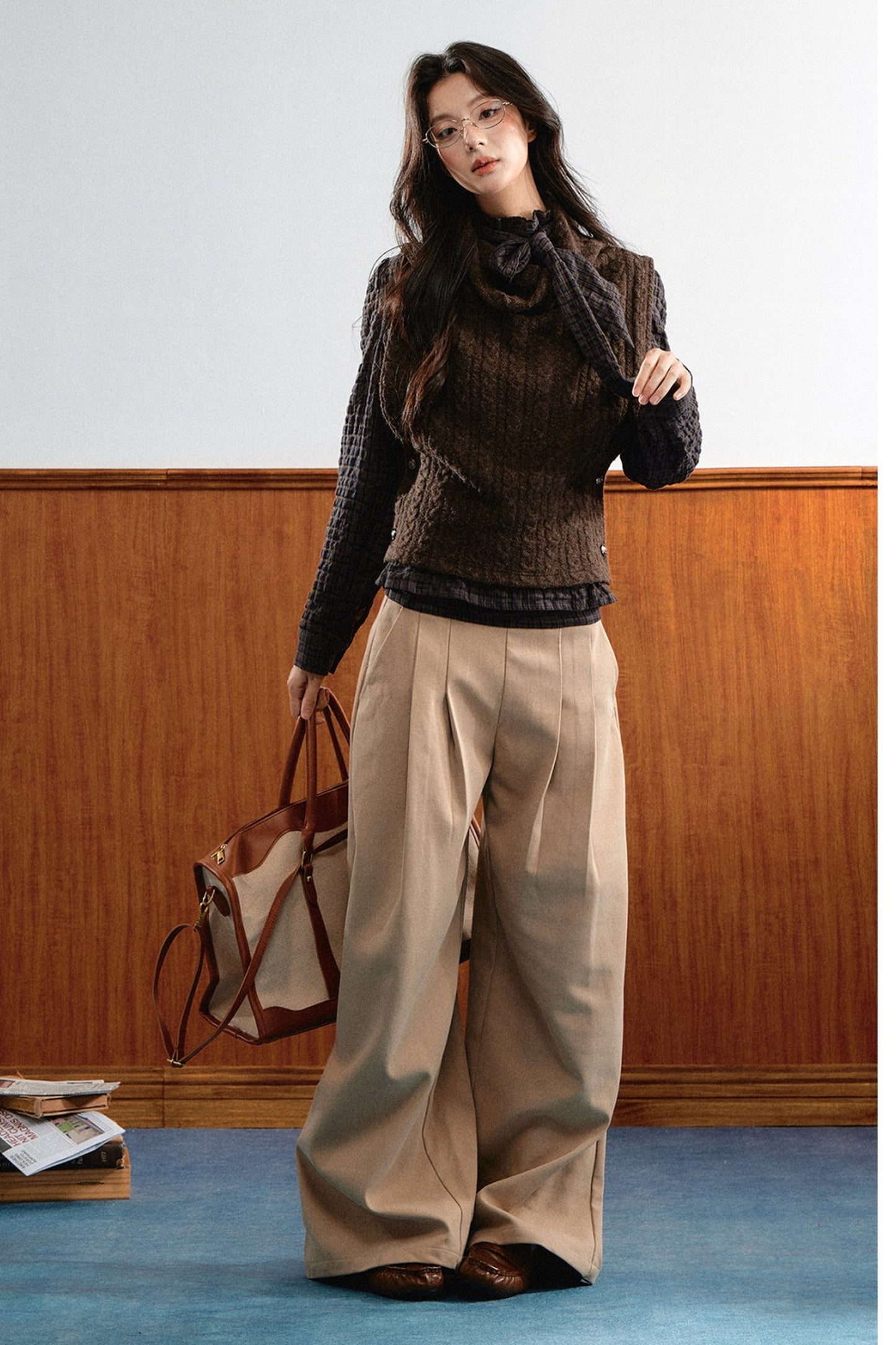 Retro Plaid Ribbon Top and Suede Skirt Set-Up