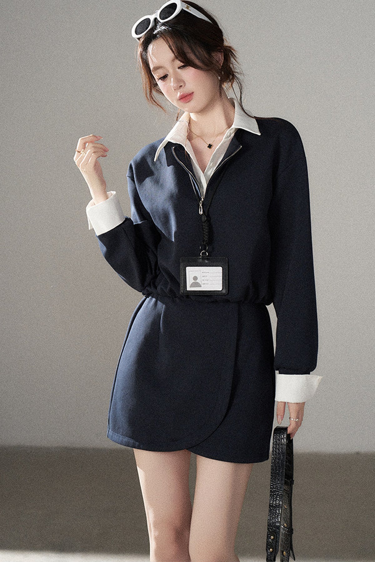 Layered-Look Polo Collar Sweatshirt Dress