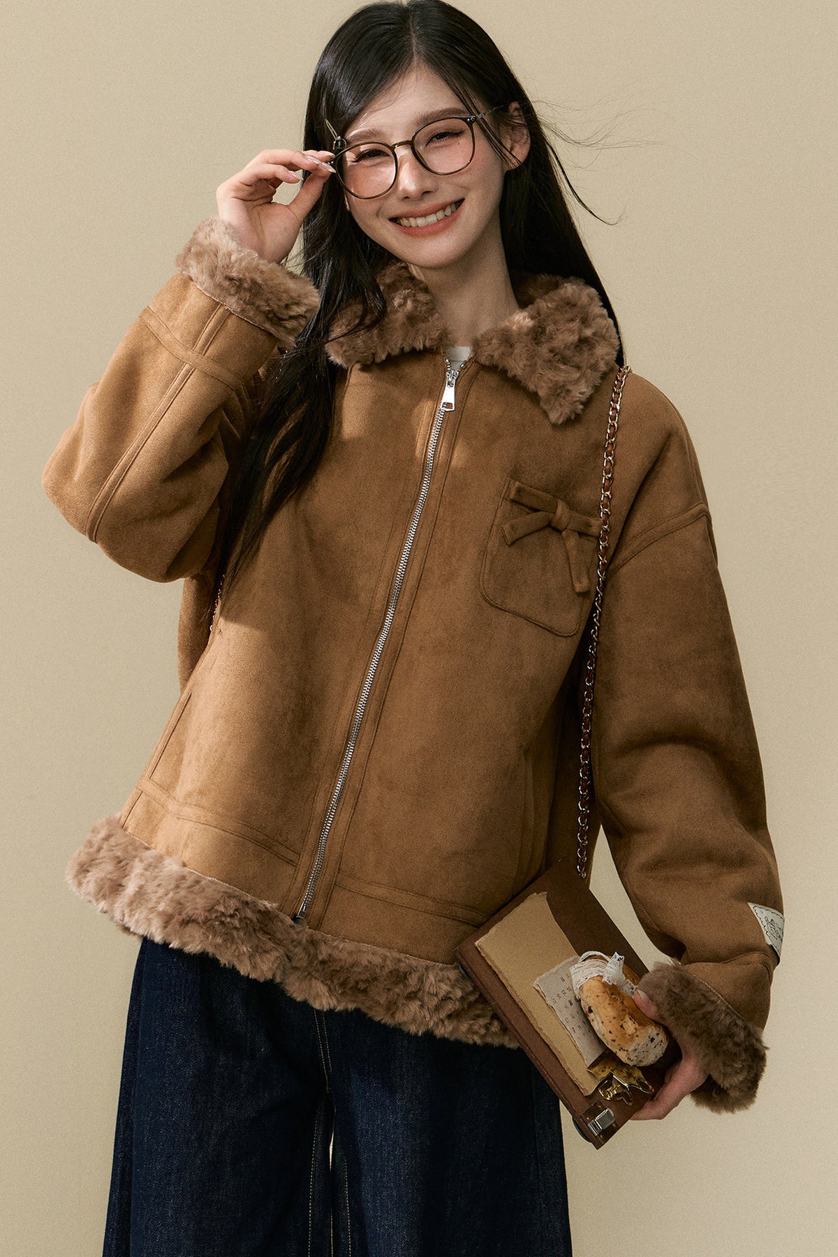 Lamb Fur Coat and Washed Blue Jeans Set-Up
