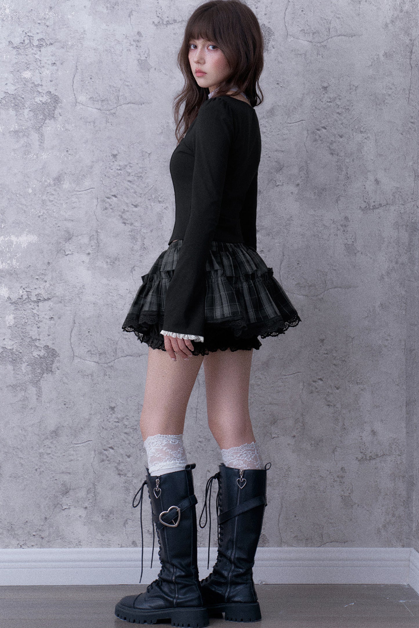 Three-Layer Gray Black Plaid Puffy Skirt