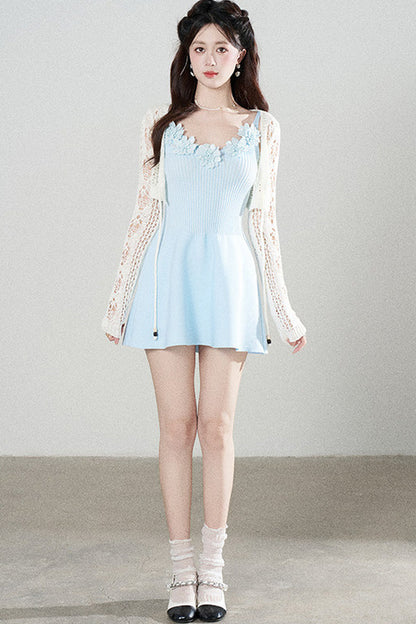 Spaghetti Strap Knitted Dress With Cardigan Set-Up