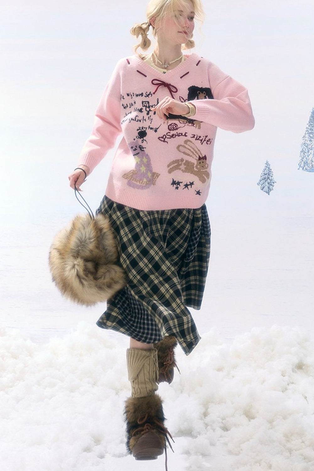 Pink Cartoon Print V-Neck Sweater