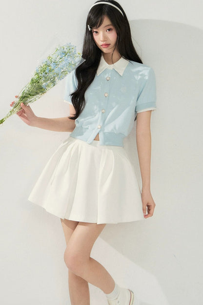 Color-Block Short-Sleeve Cardigan and Puffy Skirt Set
