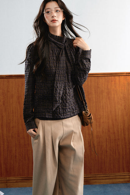Plaid Cable-Knit Knit Shirt Top