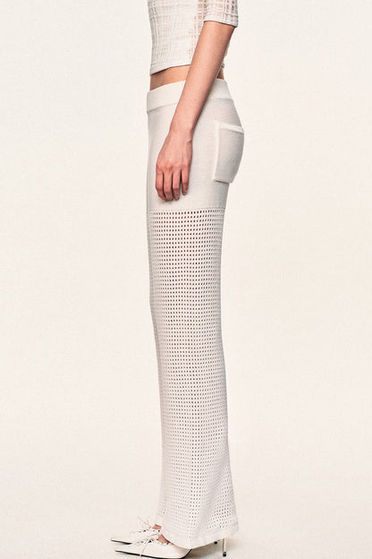 White Hollow-Out Mesh Crochet Straight Pants