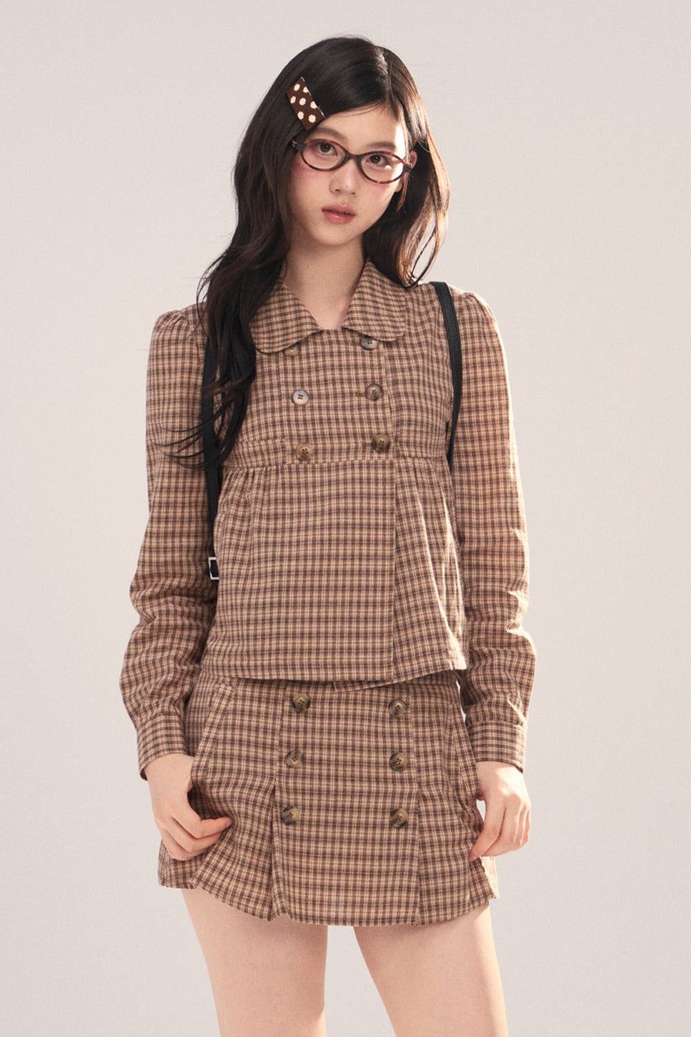 Long-Sleeved Plaid Shirt and Skirt Set-Up