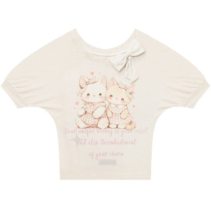 Playful Cat Print Bow Top