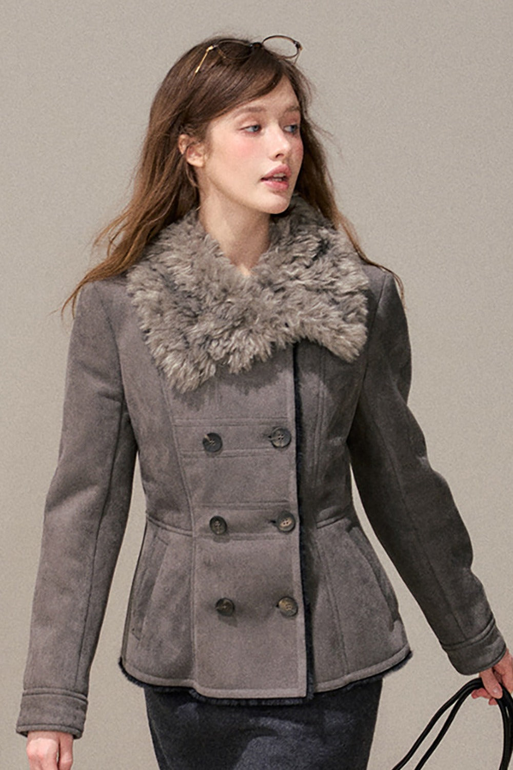 Double-Breasted Fur Collar Jacket