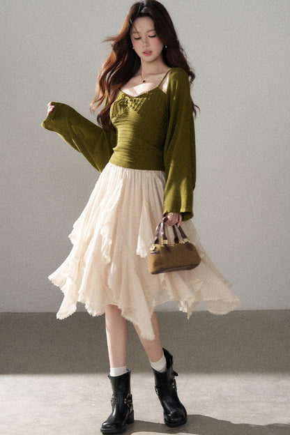 V-Neck Knitted Cardigan and Camisole Set-Up