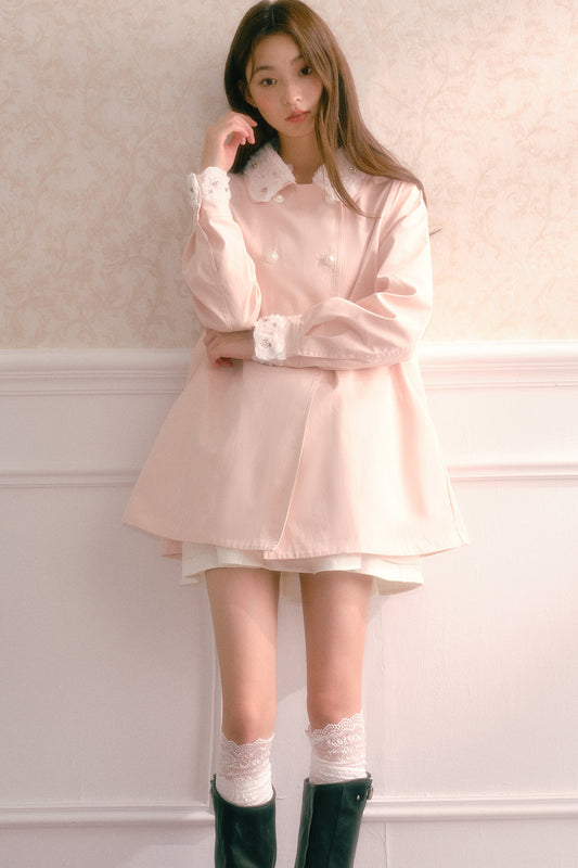 Lace Cuff Pleated Flared Trench Coat