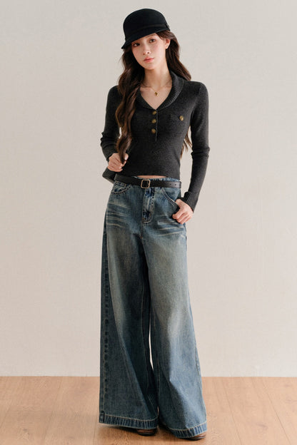 Half-Button Shawl Collar Wool-Blend Knit Sweater