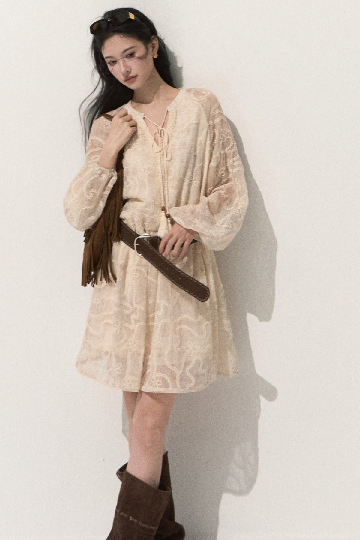 Long Sleeve Embroidered Jacquard Dress