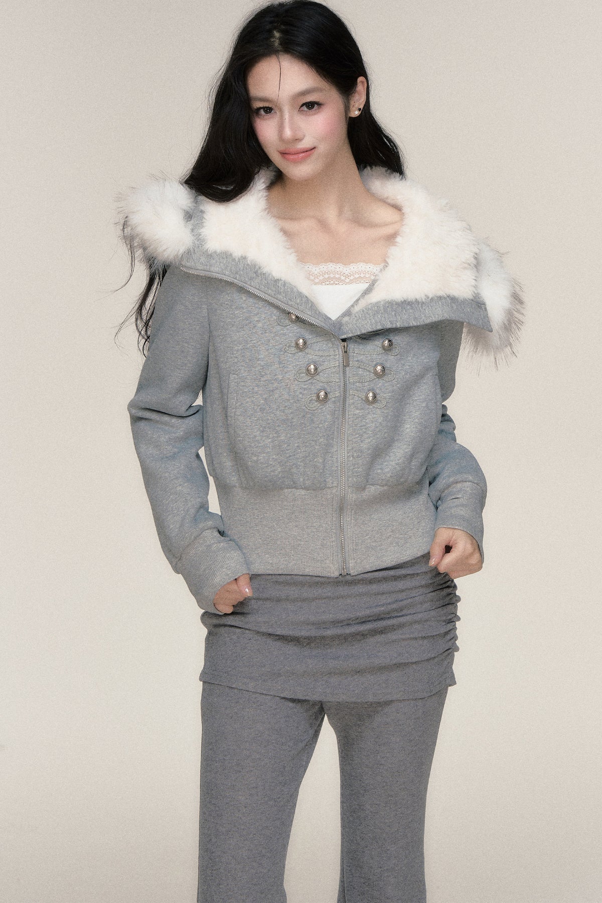 Large Fur Collar Hooded Fleece Jacket