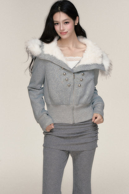 Large Fur Collar Hooded Fleece Jacket