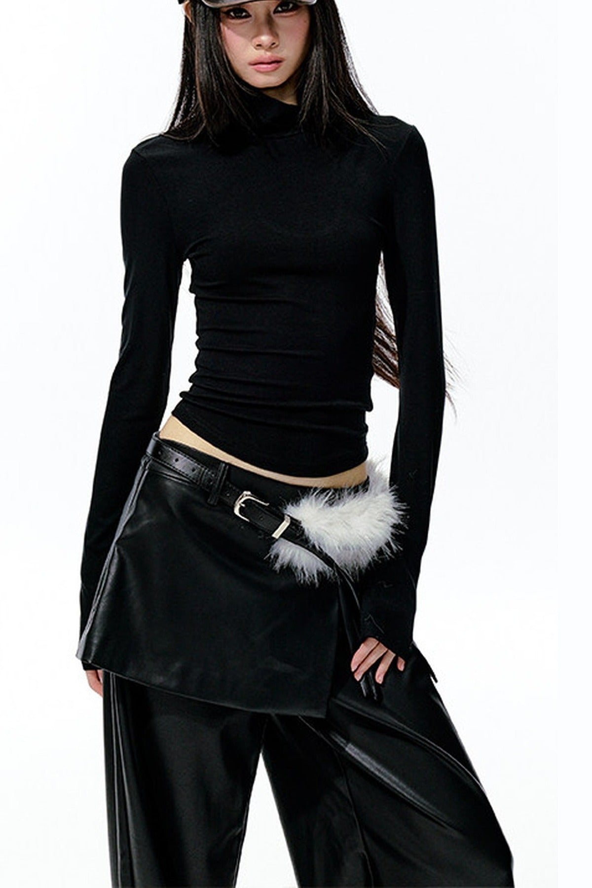 Large Hollow-Out Pearl Chain High-Neck Knit Top