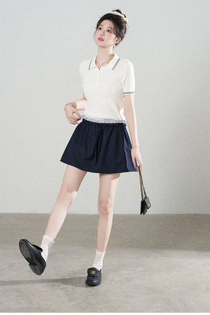 Ensemble tee-shirt polo en tricot blanc à manches courtes et jupe