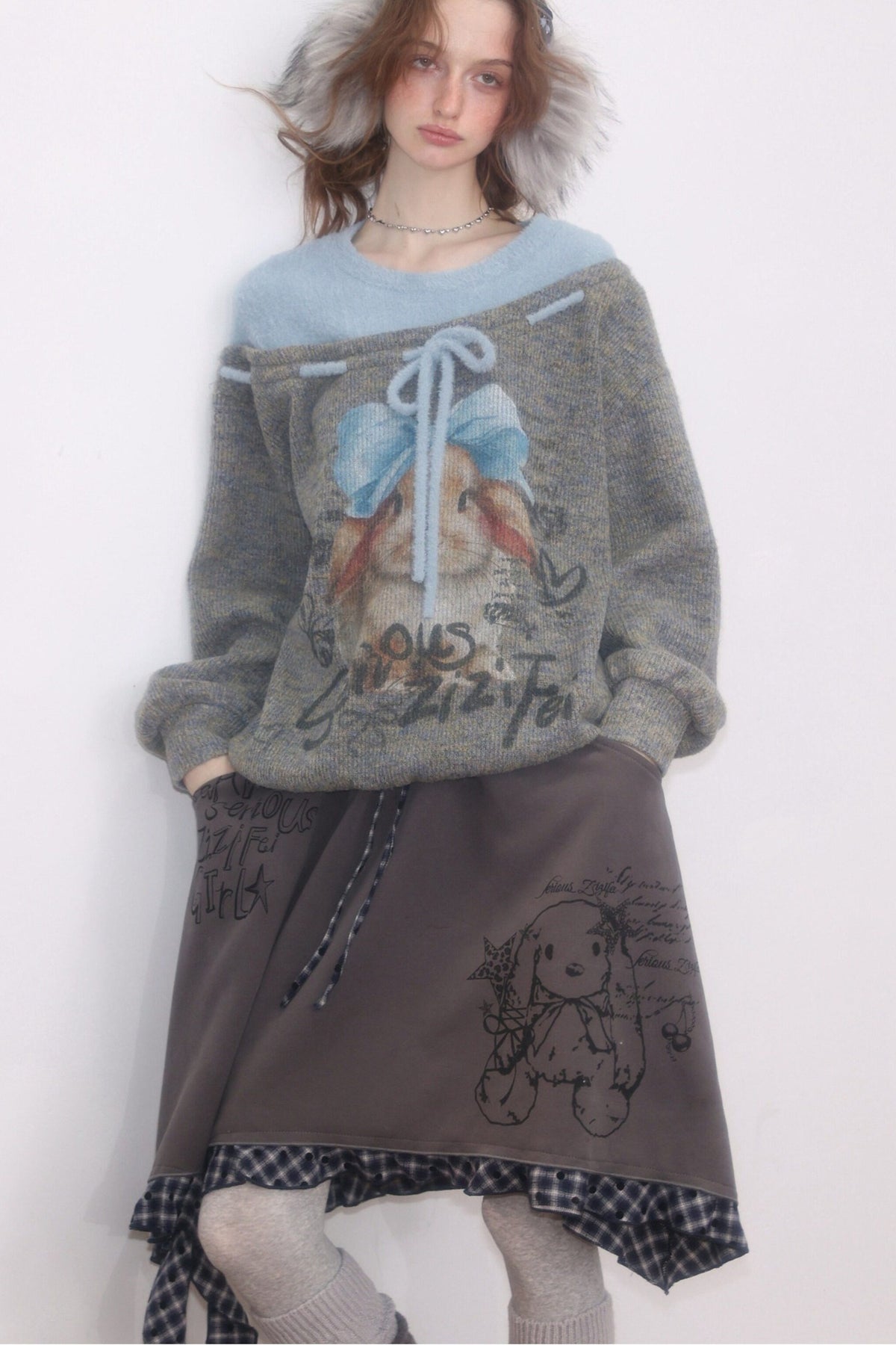 Rabbit Print Bow Knit Sweater
